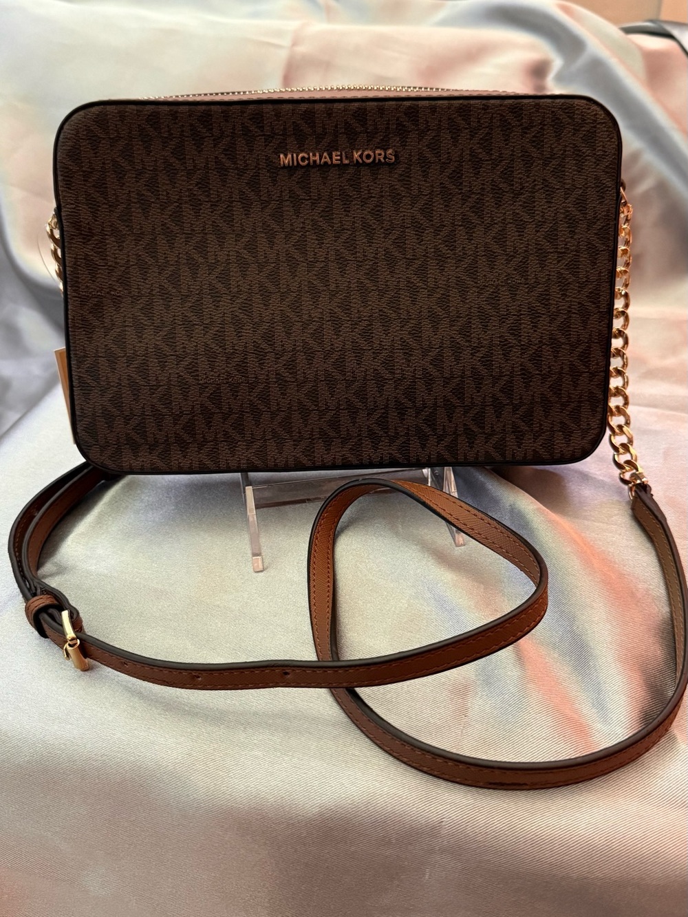 Michael Kors Brown Signature Monogram Crossbody with Gold Chain